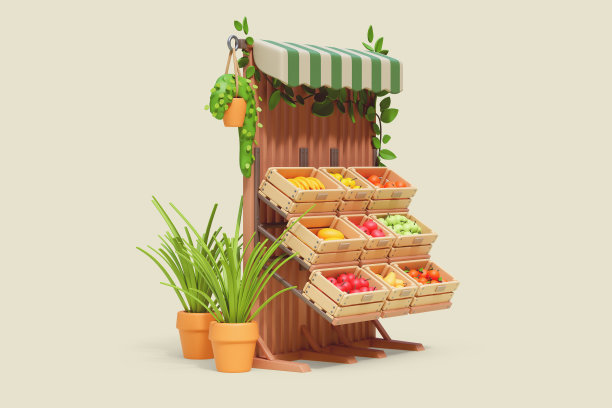 3d渲染农民街头市场摊位与木盒。图片下载