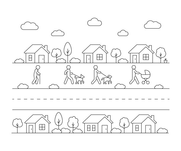 走在街道上小城市小区小房子里的居民，行艺术。街道上的邻居，住宅楼，房地产。外部回家。向量轮廓图片下载