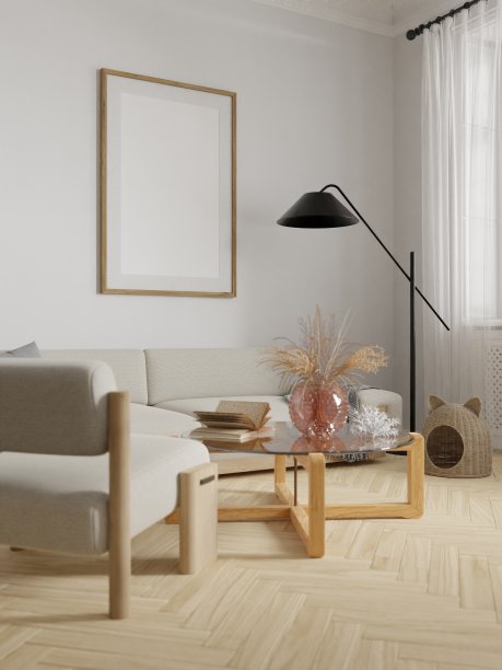 模型框架，海报空在家居设计，斯堪的纳维亚现代室内设计元素的模型，3d渲染。图片下载