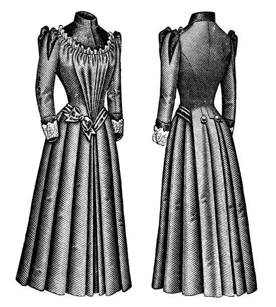 19世纪90年代维多利亚时代的时尚，女士褶裥散步连衣裙与褶皱巴斯克长尾紧身胸衣(正面和背面)- 19世纪图片下载