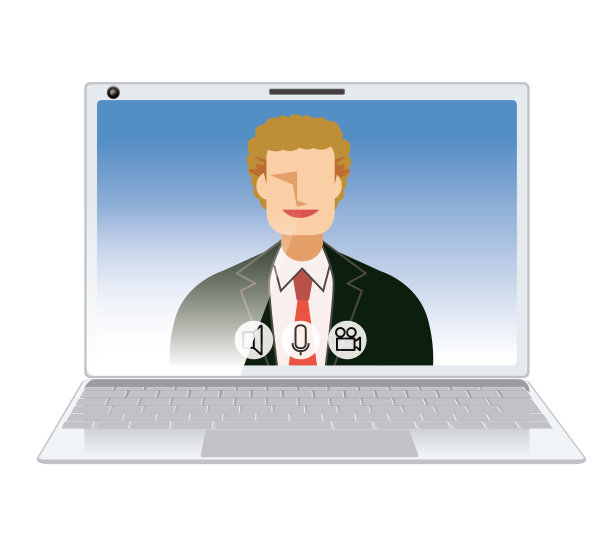 在线会议的图片说明。平面设计白人男性商人，性格与笔记本电脑。图片下载