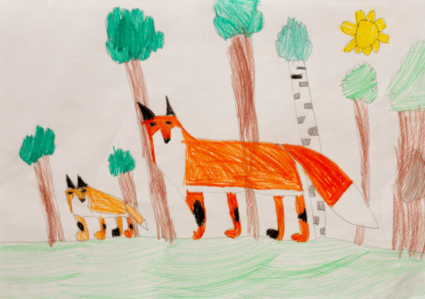 家庭狐狸和孩子在森林里的儿童照片图片下载