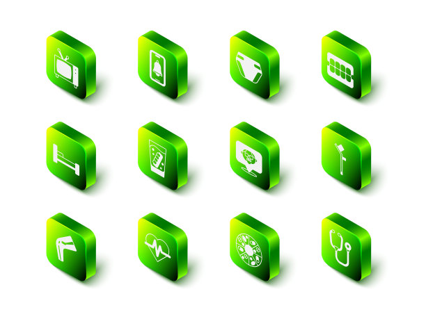 设置紧急电话，成人尿布，假下巴，拐杖或拐杖，听诊器，祖父，维生素药丸和心率图标。向量图片下载