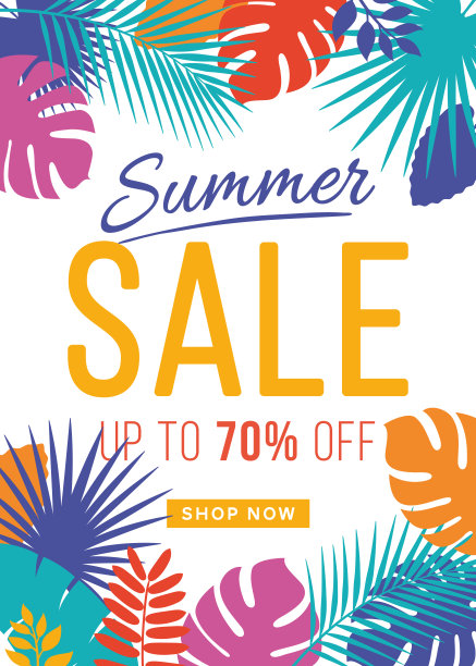 夏季热带销售横幅与棕榈叶和异国情调的植物。图片下载