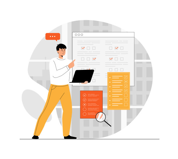 在线调查概念。意见调查表。人们在网页上填写在线调查表格。插图与人的场景在平面设计的网站和移动开发。图片下载