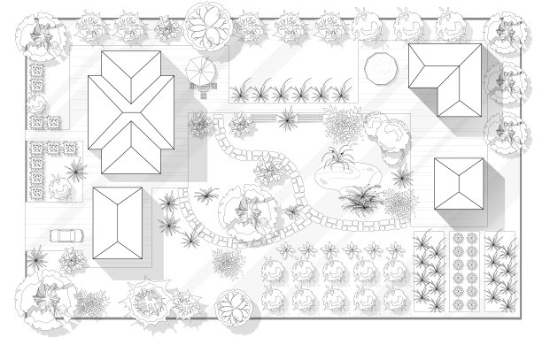 景观设计方案与房屋，庭院，草坪和车库顶景。非常详细的规划与现代小屋，花园，池塘，游泳池的国家。矢量插图的城市景观，地图的城镇，村庄图片下载