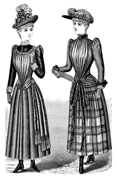 19世纪90年代维多利亚时代的时尚，19世纪的女士褶皱巴斯克紧身胸衣配褶裥步行裙和格纹苏格兰裙图片下载