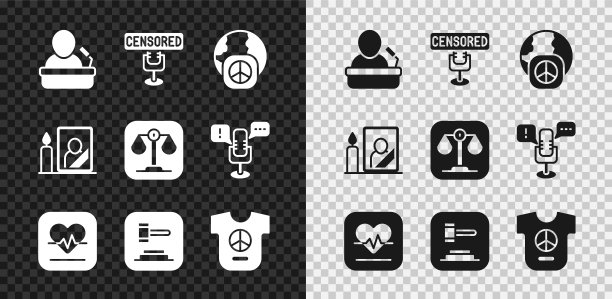 设置扬声器，审查邮票，国际和平日，心率，法官木槌，和平，哀悼相框和尺度正义图标。向量图片下载