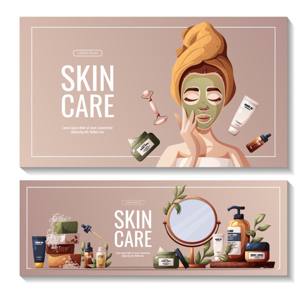 一套横幅与妇女，化妆品，美容产品。图片下载