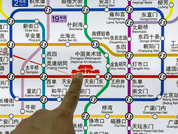 在北京地铁线路图上指向天安门图片下载