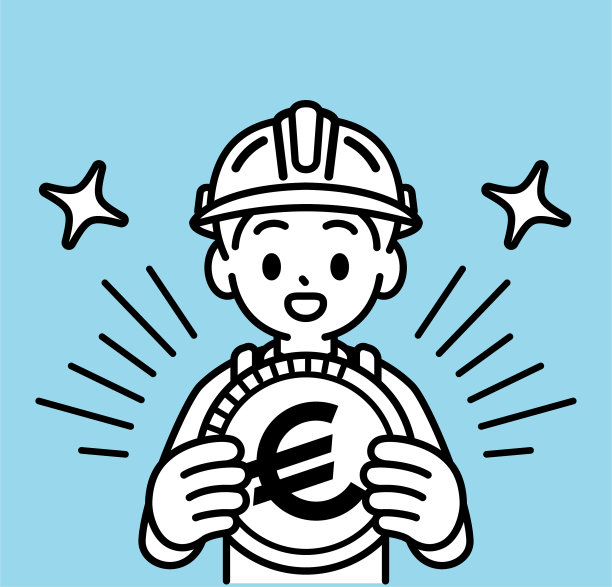 戴着安全帽、穿着背带裤的男孩，面带微笑，拿着一枚大硬币，建筑工人或建造者的简单线条画或图标图片下载