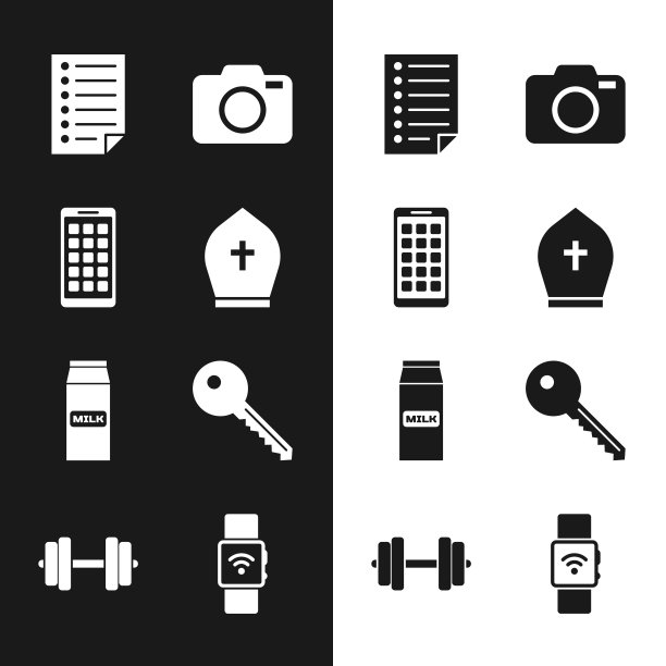 设置教皇帽，移动应用程序，文件，照片相机，牛奶纸包和关键图标。向量图片下载