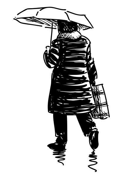 女人，伞，外套，包，大步，运动，轮廓，涂鸦素描，黑色，矢量手绘插图孤立的白色图片下载