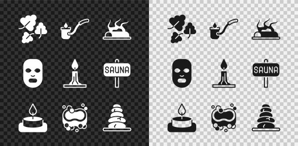 集橡树叶，桑拿勺，篝火，芳香蜡烛，肥皂条，堆栈热石，面部美容面膜和燃烧的图标。向量图片下载