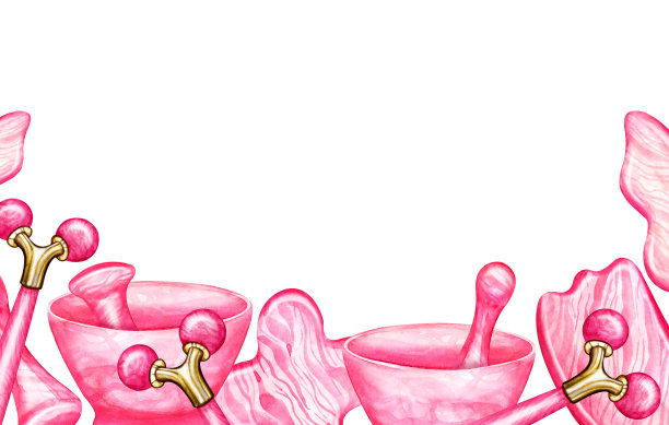 旗帜、镜框、镶边玫瑰石英刮刀、玉石、玉石按摩刮痧。刮刀和滚筒由各种形状的天然石材制成。美容护肤工具，水疗水彩插画，美容院，美容。图片下载