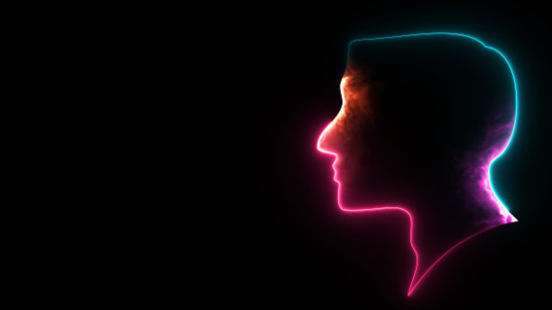 发光的霓虹灯人头和轮廓图标孤立的黑色背景。运动图形，人体解剖学和科学概念。图片下载