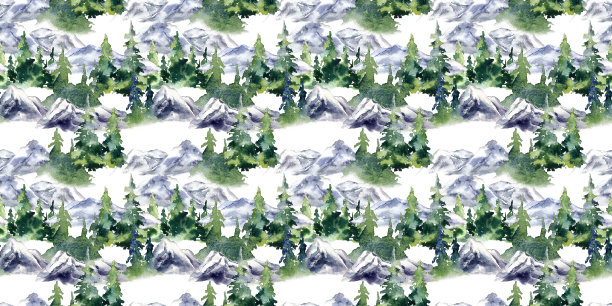 山地景观无缝格局。水彩插图。手绘逼真的野生自然松木，山景无缝图案。绿林无穷素。白色背景上的北方自然图片下载
