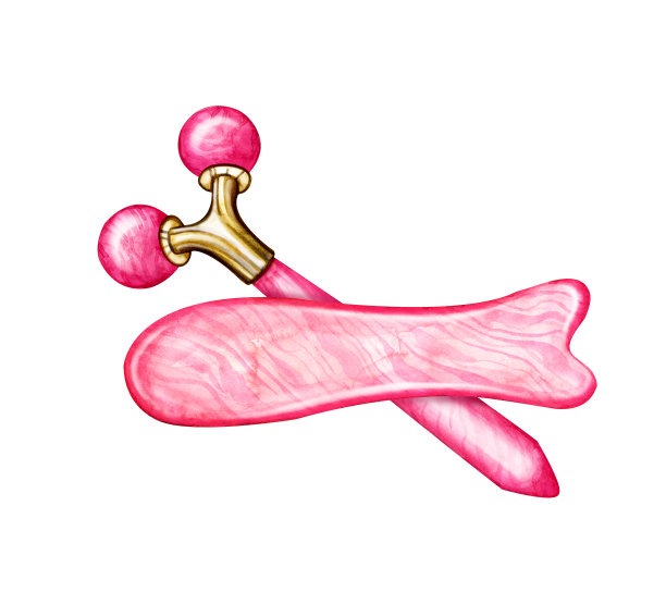 玫瑰石英刮刀用于瓜沙按摩。用各种形状的天然石材制成的刮刀和滚筒，杵和碗。美容护肤工具，水疗水彩插画，美容院，美容。图片下载