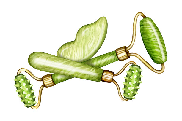 刮痧玉按摩工具。形状各异的天然刮石机和绿色石辊。美容护肤工具，水彩插图的网页，博客，社交媒体。图片下载