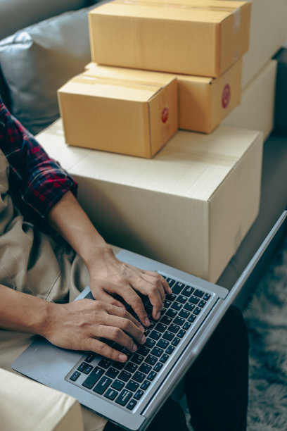 企业家，中小型企业在家庭办公室工作，使用电脑，运输箱，包装，在线营销。中小企业电话营销概念，特写图片图片下载