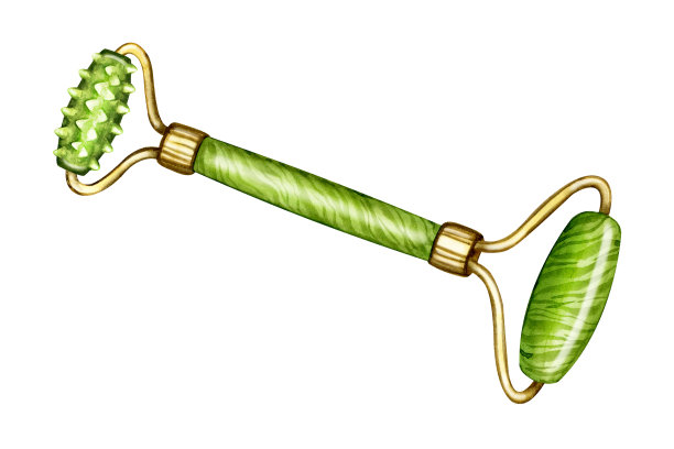 刮痧玉按摩工具。形状各异的天然刮石机和绿色石辊。美容护肤工具，水彩插图的网页，博客，社交媒体。图片下载