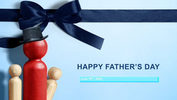 蓝色背景上有黑色蝴蝶结的父亲和孩子的木制人偶，祝父亲节快乐。图片下载