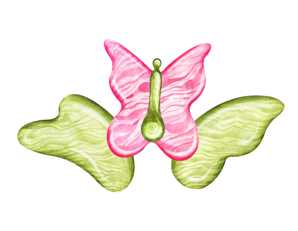 玫瑰石英玉刮刀用于刮痧按摩。各种形状的天然石材刮板和滚筒。美容护肤工具，水彩插图的网页，博客，社交媒体。面部按摩器隔离。图片下载