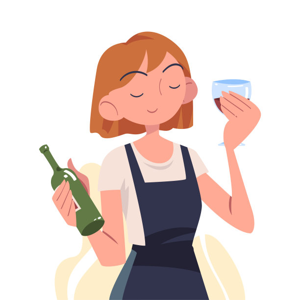 戴围裙的女人侍酒师手持酒杯酒瓶矢量插画图片下载