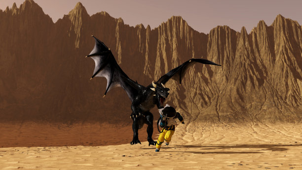 在一个陌生的世界里，一个宇航员远离一条黑龙，在平坦的沙质表面上奔跑。图片下载