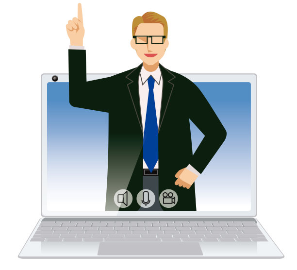 在线会议的图片说明。白人男性商人用平板设计的笔记本电脑指着我图片下载