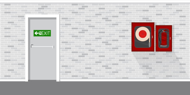 灭火器，门上有绿色紧急消防出口标志。图片下载