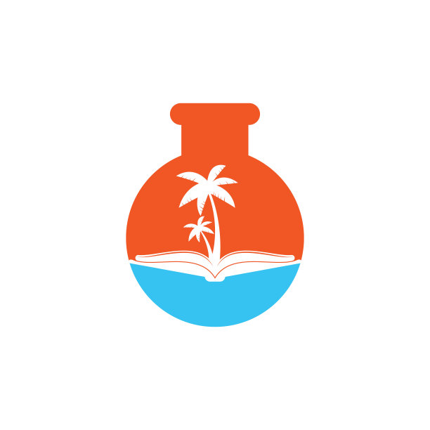 书和棕榈树实验室形状概念标志设计模板。图片下载