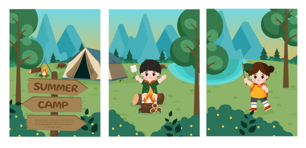 夏季套装系列。孩子们在露营时做活动。孩子们夏令营海报。图片下载