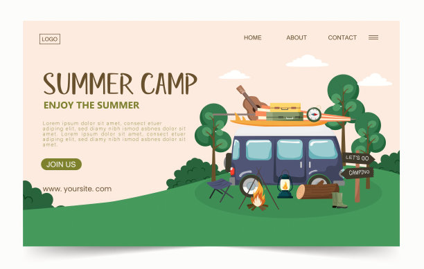 露营地与面包车，帐篷，篝火和户外野餐设备，露营者，自然，旅程的概念。矢量插图海报，横幅，网站。图片下载