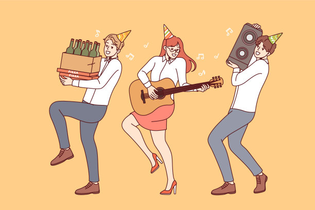 兴高采烈的朋友们带着酒和乐器冲到派对上，欢庆即将到来的周末图片下载