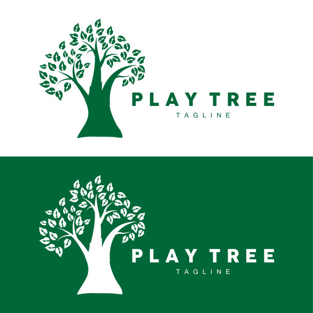 绿色自然教育儿童游乐场树标志插画及游戏树设计图片下载