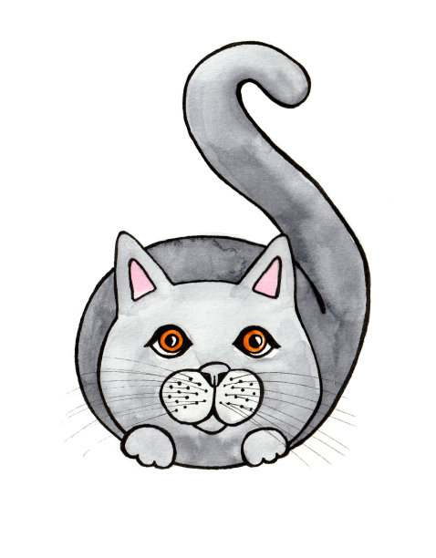 一只长着橙色眼睛的灰猫的插图。孤立在白色背景上。水彩和黑色轮廓。图片下载