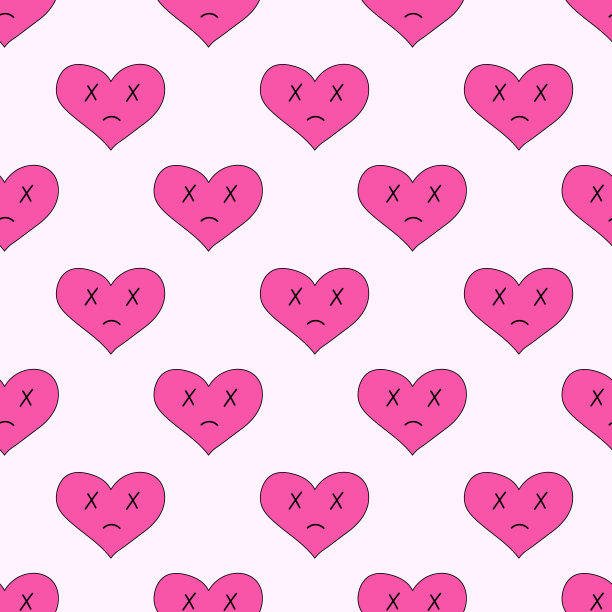 无缝图案与悲伤的心，死在emo风格。Y2k。粉红色怪异忧郁的心。反情人节。矢量平面插图。图片下载
