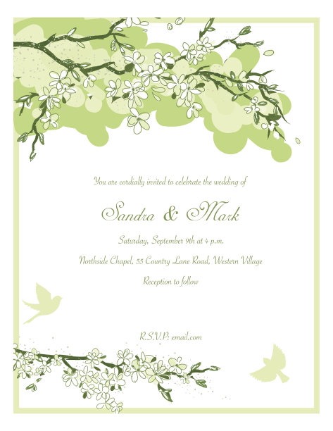 樱花和鸟风格的婚礼邀请图片下载