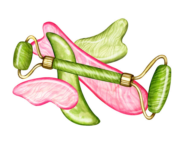 玫瑰石英玉刮刀用于刮痧按摩。各种形状的天然石材刮板和滚筒。美容护肤工具，水彩插图的网页，博客，社交媒体。面部按摩器隔离。图片下载