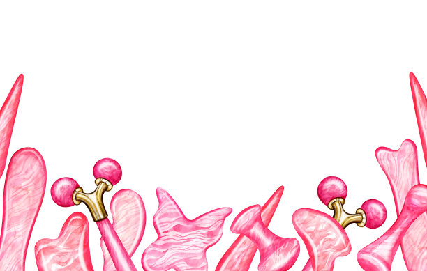 旗帜、框架、边框玫瑰石英刮刀用于刮痧按摩。用各种形状的天然石材制成的刮刀和滚筒，杵和碗。美容护肤工具，水疗水彩插画，美容院，美容。图片下载