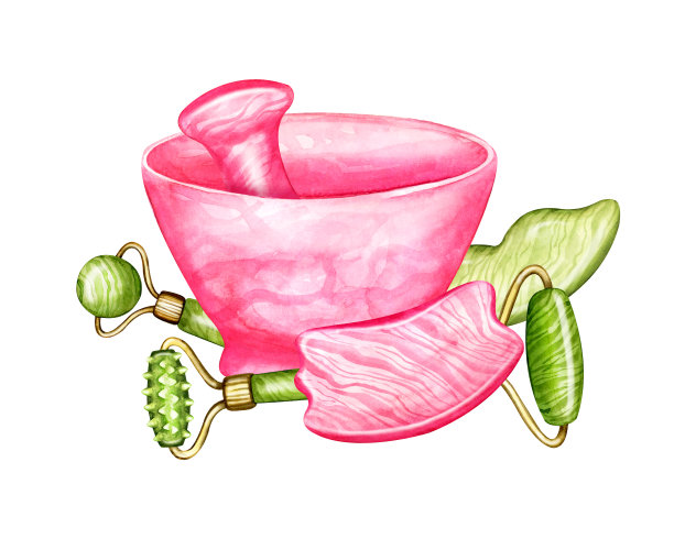 玫瑰石英玉刮刀用于刮痧按摩。各种形状的天然石材刮板和滚筒。美容护肤工具，水彩插图的网页，博客，社交媒体。面部按摩器隔离。图片下载