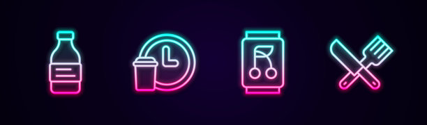 瓶装水，24小时送货，汽水罐和十字刀叉。发光的霓虹灯图标。向量图片下载