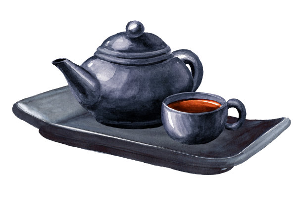 陶瓷茶具，有茶壶和杯子。茶道概念。手绘水彩插图孤立的白色背景图片下载
