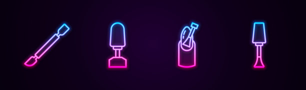 设置线角质层推手，铣刀指甲，指甲和抛光。发光的霓虹灯图标。向量图片下载