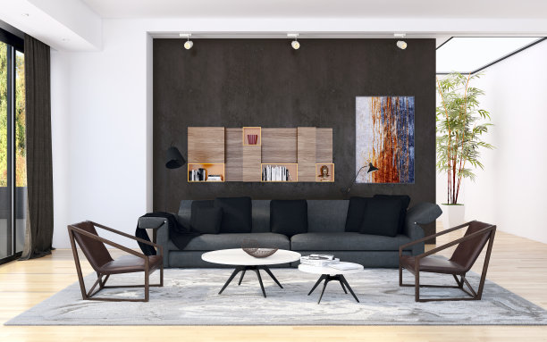 现代明亮的室内空间3D渲染插图图片下载