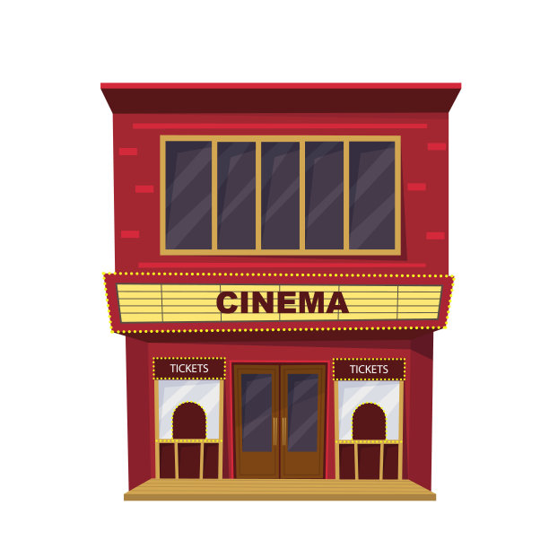 孤立的电影院，白色背景。有电影院标志的大楼。图片下载