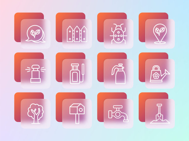 设线位置与叶子，鸟屋，花园喷雾器的水，水龙头，科罗拉多甲虫，叶子和栅栏木图标。向量图片下载