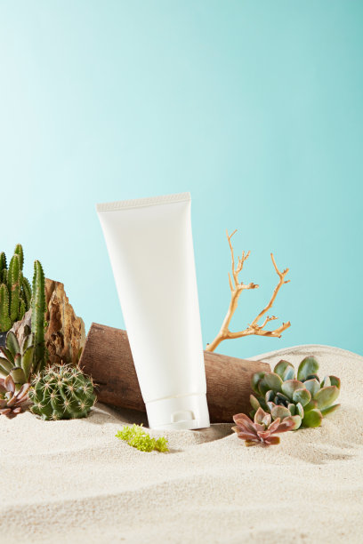 模仿广告，没有品牌的化妆管靠在一根原木上，新鲜的沙漠植物，岩石和干树装饰在后面。照片有正面拍摄和留白供设计图片下载