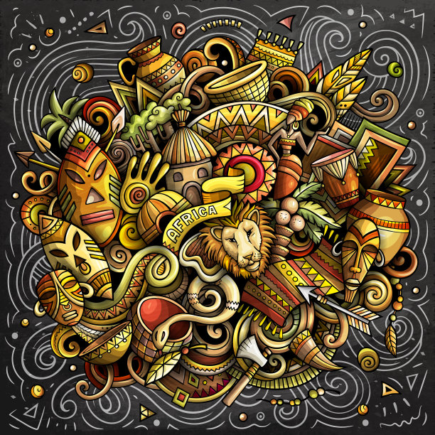 非洲手绘卡通涂鸦插画。有趣的旅行设计。图片下载